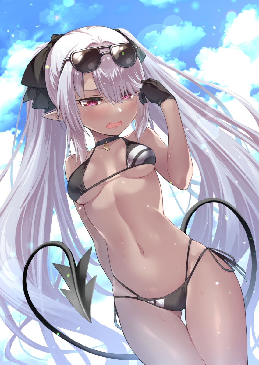 1girl ass_visible_through_thighs black_footwear black_gloves blue_archive blue_sky breasts choker cloud commission dark-skinned_female dark_skin eyewear_on_head gloves hair_ribbon highres iori_(blue_archive) long_hair navel ono_misao open_mouth pointy_ears purple_eyes purple_hair ribbon skeb_commission sky solo sunglasses sweat tail twintails very_long_hair