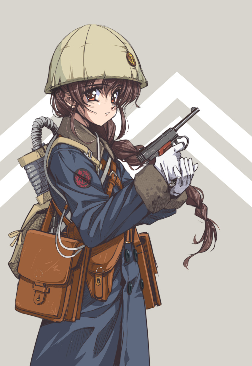 1990s_(style) 1girl absurdres alternate_costume braid brown_hair finger_on_trigger gloves gun handgun helmet highres holster imperial_japanese_navy kantai_collection longmei_er_de_tuzi looking_at_viewer looking_to_the_side military military_uniform nambu_type_14 pouch red_eyes retro_artstyle single_braid solo souya_(kancolle) trench_coat uniform weapon white_gloves wind winter_uniform world_war_ii