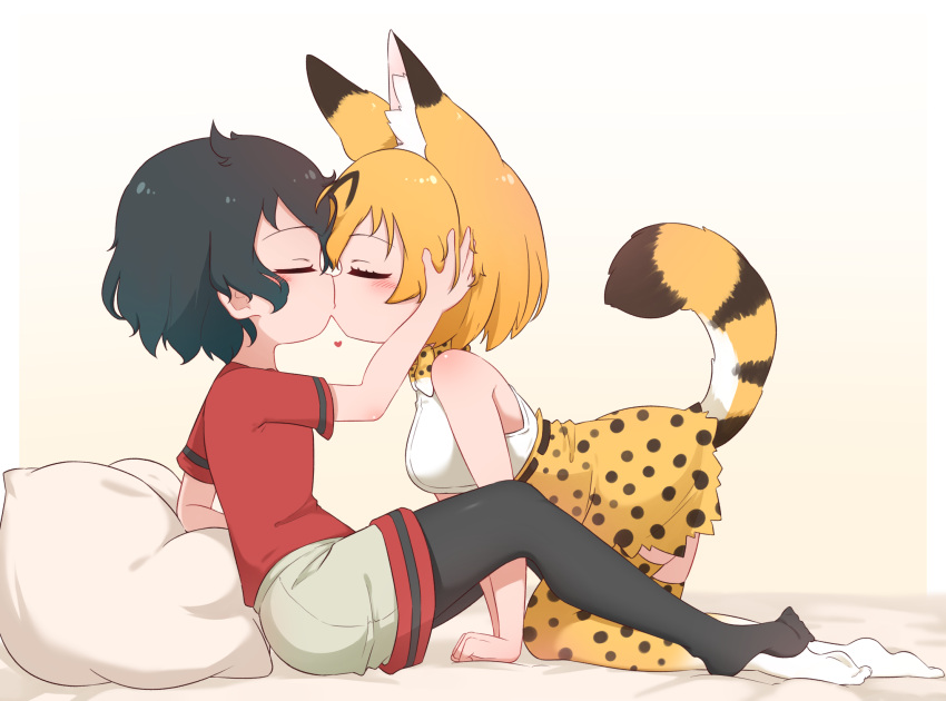 2girls all_fours animal_ears arm_support bangs black_hair black_legwear blonde_hair bow bowtie chis_(js60216) closed_eyes commentary couple from_side grey_shorts hand_on_another's_head heart high-waist_skirt highres kaban_(kemono_friends) kemono_friends kiss kneeling leaning_back leaning_forward legwear_under_shorts miniskirt multiple_girls no_gloves no_shoes on_bed pantyhose pillow print_legwear print_neckwear print_skirt red_shirt serval_(kemono_friends) serval_print shirt short_hair short_sleeves shorts sitting skirt sleeveless sleeveless_shirt tail thighhighs white_shirt yellow_legwear yellow_neckwear yellow_skirt yuri
