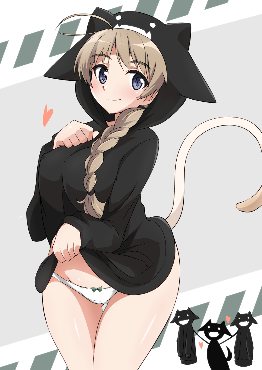 1girl absurdres ahoge animal_ears bangs black_hoodie blue_eyes bow bow_panties braid brown_hair cat_ears cat_tail closed_mouth cowboy_shot crotch_seam eyebrows_visible_through_hair hair_over_shoulder hair_tie heart highres hood hood_up hoodie hoodie_lift long_hair long_sleeves looking_at_viewer lynette_bishop miyafuji_yoshika no_pants panties silhouette_demon single_braid smile solo standing strike_witches tail thigh_gap tricky_46 underwear white_panties world_witches_series