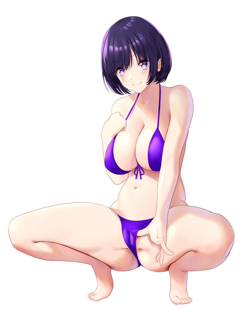 1girl absurdres bangs bare_arms bare_legs bare_shoulders barefoot bikini blush breasts cameltoe cleavage front-tie_bikini front-tie_top halterneck hand_under_clothes hand_under_swimsuit highres large_breasts marui_koishi navel original purple_bikini purple_eyes purple_hair purple_swimsuit short_hair simple_background smile solo spread_legs squatting swimsuit thighs white_background