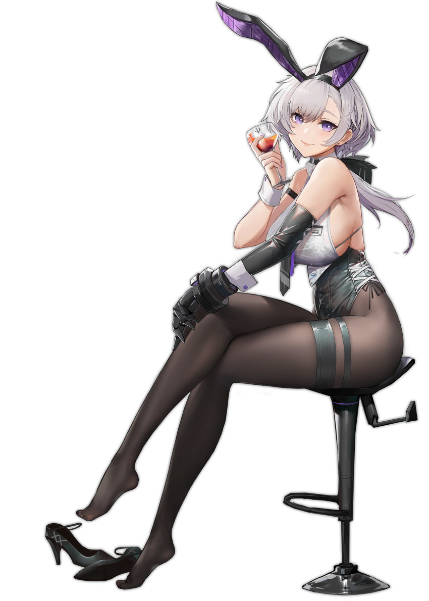 1girl alcohol animal_ears azur_lane bar black_footwear black_gloves black_legwear breasts crossed_legs elbow_gloves fake_animal_ears footwear_removed from_side gloves grey_hair high_heels highres large_breasts looking_at_viewer official_alternate_costume official_art pandea_work pantyhose playboy_bunny purple_eyes rabbit_ears reno_(azur_lane) reno_(reno_bunnino)_(azur_lane) short_hair_with_long_locks sideboob single_elbow_glove sitting skindentation sleeveless solo thigh_strap transparent_background wrist_cuffs