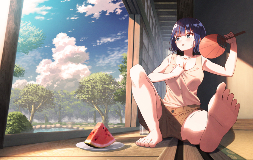 1girl against_wall bangs barefoot blue_eyes blue_hair blue_sky blush breasts brown_shorts brown_tank_top ceiling cleavage cloud commentary day eyebrows_visible_through_hair feet foot_focus foreshortening hand_fan highres holding holding_fan koh_rd medium_breasts open_mouth original plate pond rock short_hair shorts sitting sky sliding_doors soles solo tank_top tatami toes tree watermelon_slice wooden_floor