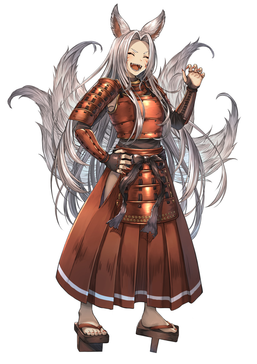 1girl animal_ears armor closed_eyes facial_mark fangs fox_ears fox_girl fox_tail full_body geta hakama highres hip_vent japanese_armor japanese_clothes kote kusazuri long_hair multiple_tails open_mouth original red_hakama sandals shoulder_armor silver_hair sode solo standing tail tengu-geta yakkuro