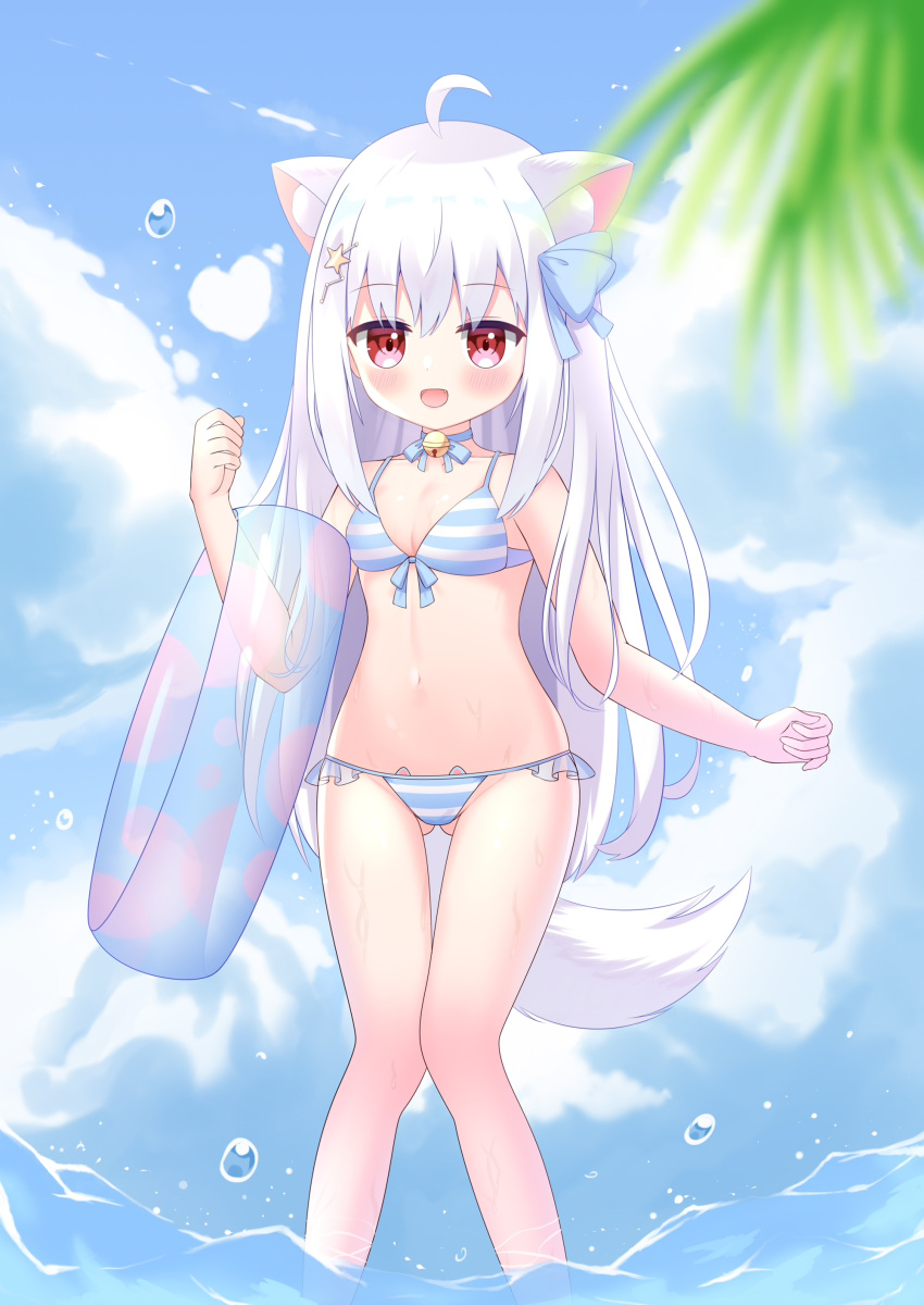 1girl :d absurdres ahoge animal_ear_fluff animal_ears ass_visible_through_thighs bangs bare_arms bare_shoulders bell bikini blue_bow blue_choker blue_sky blurry blurry_foreground blush bow choker cloud cloudy_sky commentary_request day depth_of_field dog_ears dog_girl dog_tail eyebrows_visible_through_hair fang hair_bow hair_ornament hairclip heart highres innertube jingle_bell knees_together_feet_apart liang_feng_qui_ye long_hair looking_at_viewer navel neck_bell open_mouth original outdoors palm_tree red_eyes silver_hair sky smack smile solo standing star_(symbol) star_hair_ornament striped striped_bikini swimsuit tail thigh_gap transparent tree very_long_hair water water_drop