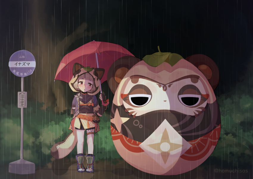 1girl artist_name boots bus_stop bush commentary commission english_commentary full_body genshin_impact highres holding holding_umbrella homuchisas hood leaf muji-muji_daruma_(genshin_impact) outdoors parody rain red_umbrella revision sayu_(genshin_impact) short_hair standing tonari_no_totoro totoro_bus_stop tree twitter_username umbrella