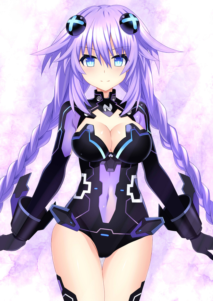 1girl absurdres bangs black_gloves black_leotard blue_eyes braid breasts cameltoe choujigen_game_neptune cleavage closed_mouth covered_navel cowboy_shot eyebrows_visible_through_hair floating_hair gloves hair_between_eyes hair_ornament hatsune_haruka highres large_breasts leotard long_hair looking_at_viewer neptune_(series) purple_hair purple_heart shrug_(clothing) smile solo standing strapless strapless_leotard thigh_gap twin_braids twintails very_long_hair