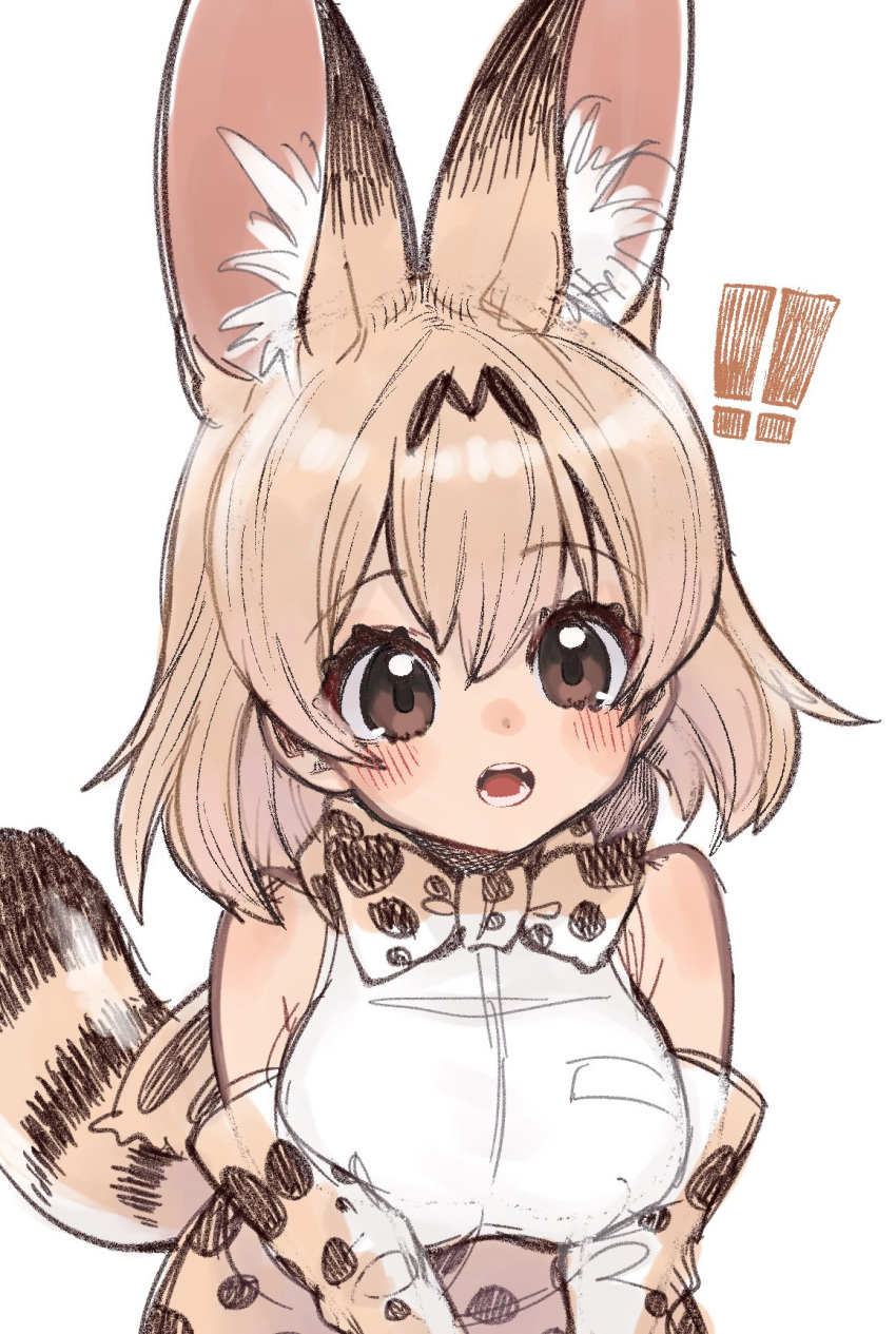 1girl blush bow bowtie breasts extra_ears eyebrows_visible_through_hair gloves high-waist_skirt highres kemono_friends large_breasts looking_at_viewer notora print_gloves print_neckwear print_skirt serval serval_(kemono_friends) serval_print skirt solo upper_body