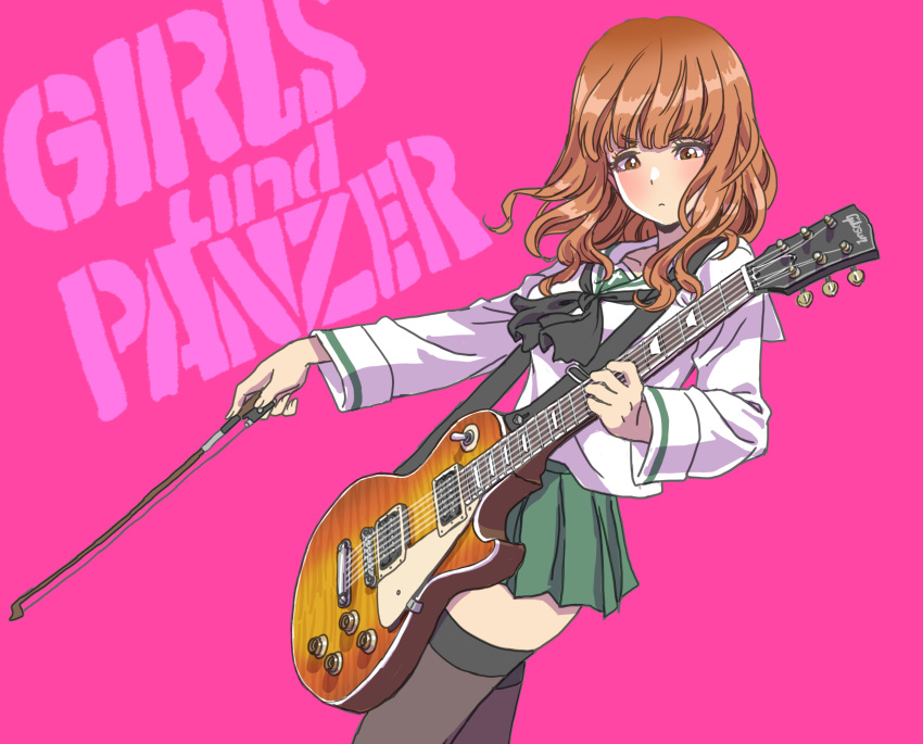 1girl bangs black_legwear blunt_bangs bow_(instrument) brown_hair dutch_angle electric_guitar eyebrows_visible_through_hair girls_und_panzer guitar highres instrument long_hair music ooarai_school_uniform orange_hair pink_background playing_instrument school_uniform solo takebe_saori thighhighs yamashita_shun'ya