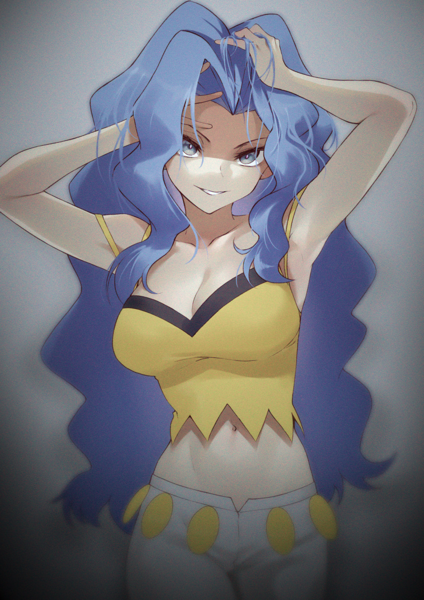 1girl absurdres armpits arms_up bangs blue_hair blurry breasts cleavage commentary_request cowboy_shot elite_four eyelashes forehead grey_background grey_eyes grin hair_intakes hands_in_hair highres huge_filesize karen_(pokemon) long_hair looking_at_viewer midriff momihige navel pants parted_bangs parted_lips pokemon pokemon_(game) pokemon_hgss shaded_face shirt simple_background smile solo very_long_hair white_pants yellow_shirt