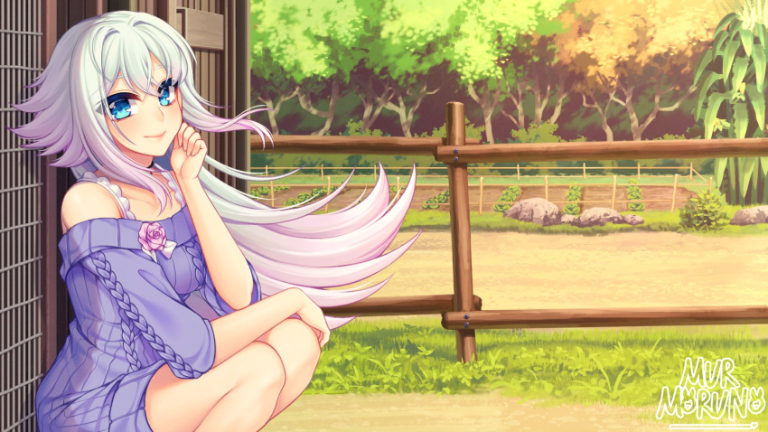 1girl arm_on_knee artist_name bangs blue_eyes breasts cabin_fever_(game) closed_mouth commentary door dress english_commentary eyebrows_visible_through_hair fence flower_on_dress forest hair_between_eyes hand_on_own_face highres long_hair looking_at_viewer multicolored_hair murmoruno nature purple_dress purple_hair purple_sweater signature smile solo sweater sweater_dress two-tone_hair white_hair wooden_fence