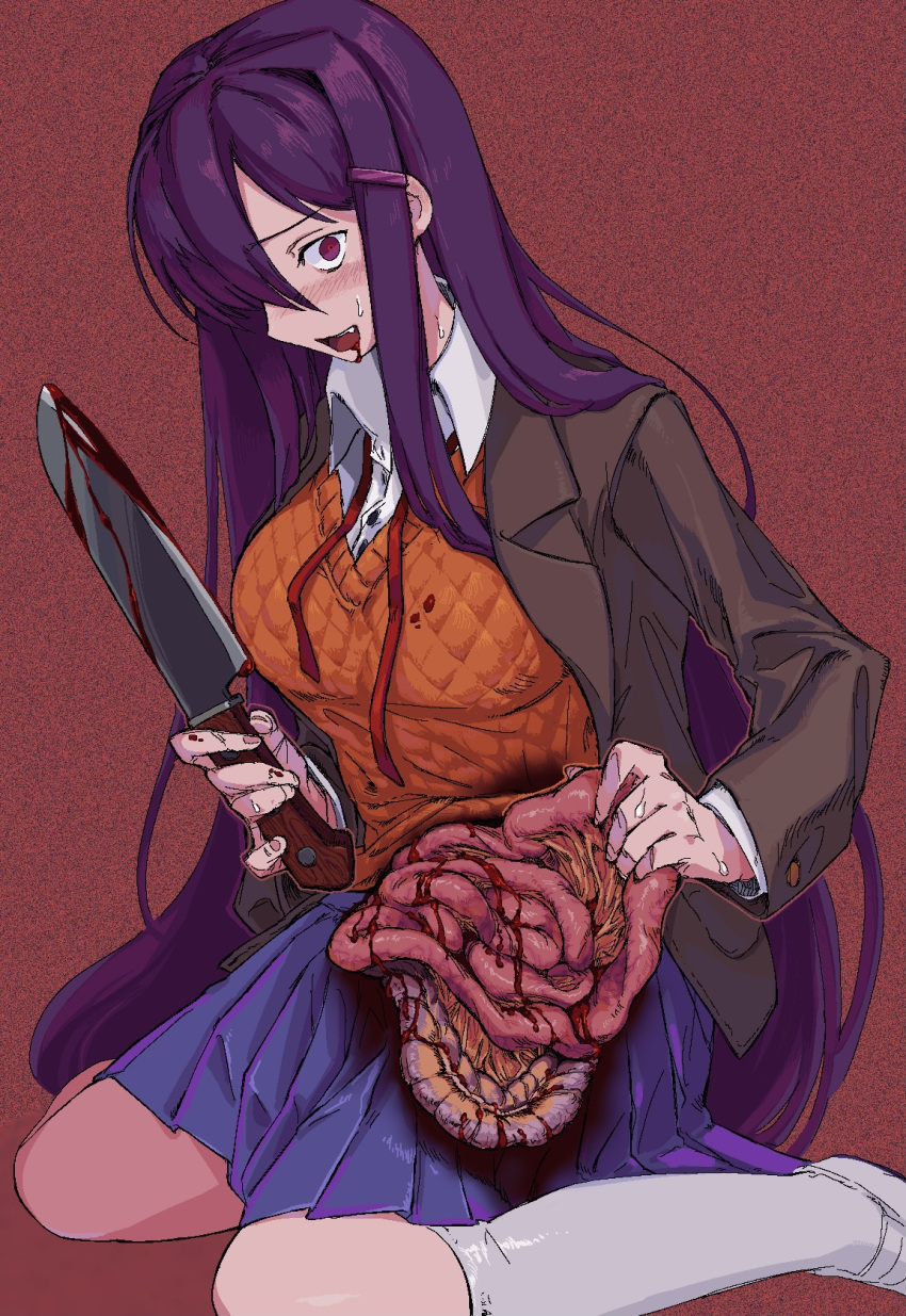 1girl blazer blood blood_from_mouth blood_on_clothes blood_on_weapon blood_stain blue_skirt blush brown_jacket chomahu collared_shirt commentary disembowelment doki_doki_literature_club dress_shirt feet_out_of_frame guro hair_intakes hair_ornament hair_over_one_eye hairclip highres holding holding_knife holding_organ intestines jacket jaggy_line kneehighs knife loafers long_hair long_sleeves neck_ribbon noise on_floor open_clothes open_jacket open_mouth organs pleated_skirt purple_eyes purple_hair red_background red_neckwear red_ribbon ribbon self-mutilation shirt shoes simple_background sitting skirt socks solo sweat sweatdrop sweater_vest teeth tongue untied very_long_hair weapon white_footwear white_legwear white_shirt wing_collar yuri_(doki_doki_literature_club)