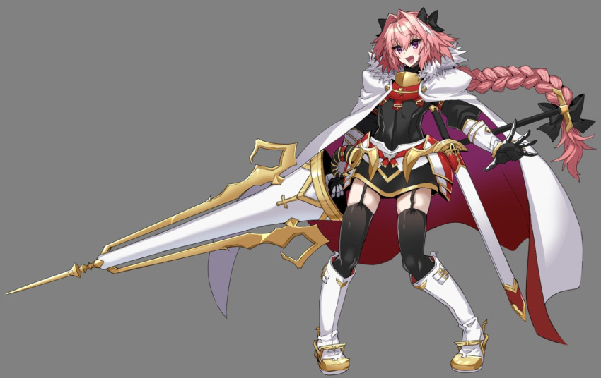 1boy armor astolfo_(fate) boots braid braided_ponytail commentary_request eyebrows_visible_through_hair fang fate/apocrypha fate_(series) full_body grey_background hair_between_eyes haoro holding holding_lance holding_polearm holding_weapon lance long_hair male_focus multicolored_hair open_mouth otoko_no_ko pink_hair polearm purple_eyes sheath sheathed simple_background skin_fang solo standing streaked_hair sword thighhighs tongue two-tone_hair weapon white_hair