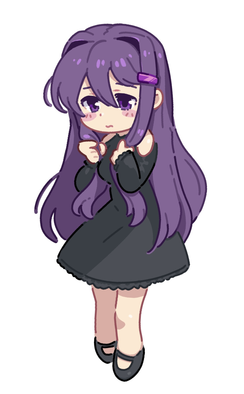 1girl :s black_dress black_footwear blush blush_stickers chibi chomahu clothing_cutout doki_doki_literature_club dress full_body hair_intakes hair_ornament hairclip highres holding holding_hair long_hair mary_janes purple_eyes purple_hair shoes shoulder_cutout solo standing white_background yuri_(doki_doki_literature_club)