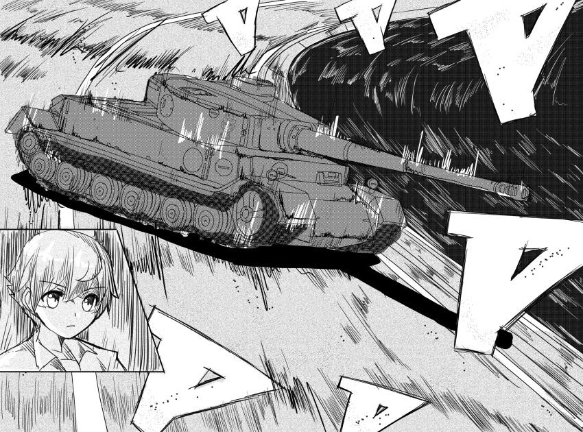 1girl 9s0ykoyama117 absurdres bangs closed_mouth commentary drifting driving emblem eyebrows_visible_through_hair frown girls_und_panzer greyscale ground_vehicle highres initial_d leopon_(animal) military military_vehicle monochrome motion_blur motor_vehicle nakajima_(girls_und_panzer) parody road short_hair solo tank tiger_(p)