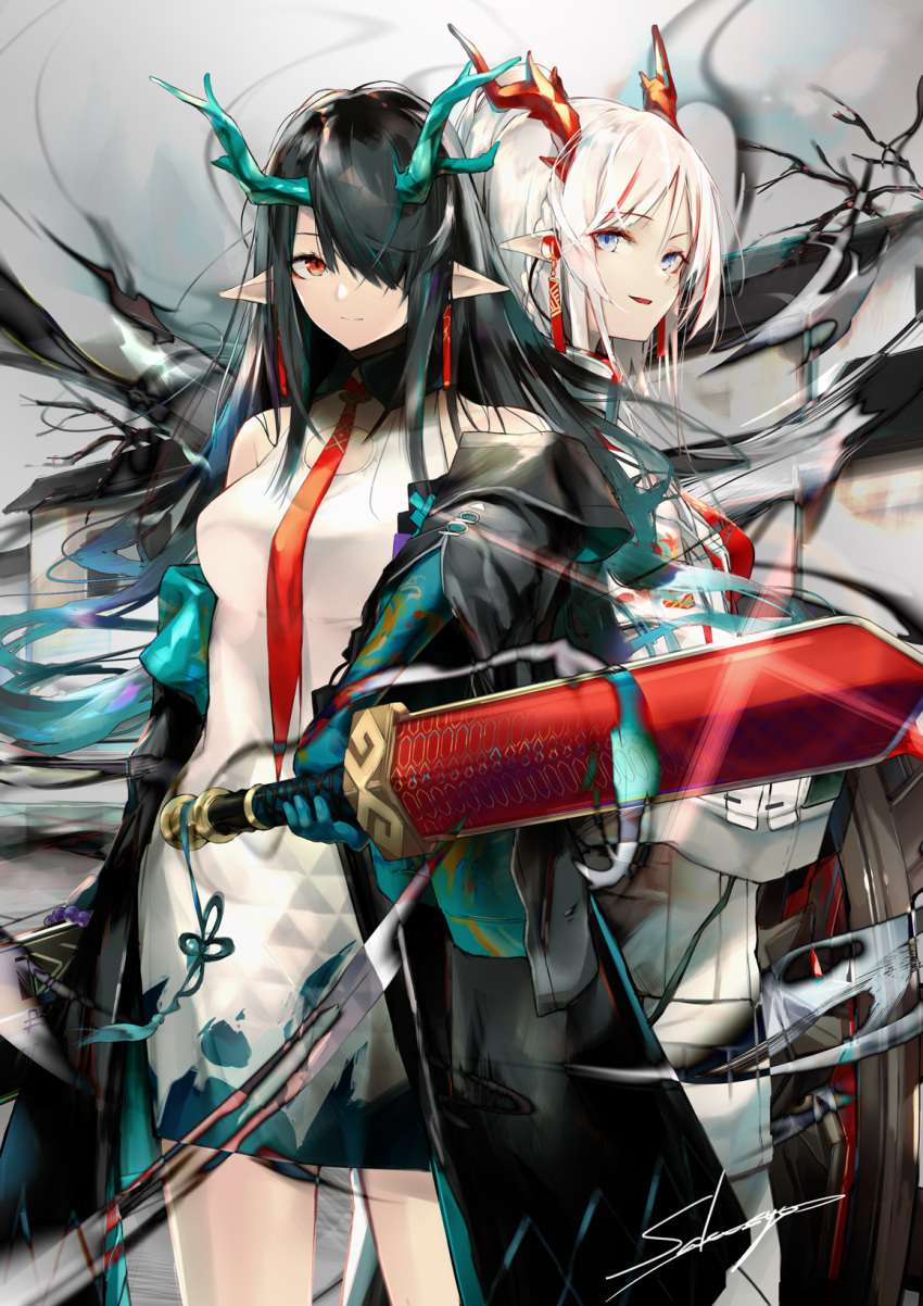 2girls arknights bangs bare_shoulders black_coat black_hair coat commentary_request cowboy_shot dress dusk_(arknights) grey_eyes hair_over_one_eye highres holding holding_sword holding_weapon horns long_hair looking_at_viewer multiple_girls nian_(arknights) off_shoulder open_clothes open_coat parted_lips pencil_dress pointy_ears red_eyes sakusyo short_dress siblings silver_hair sisters smile standing sword weapon white_dress