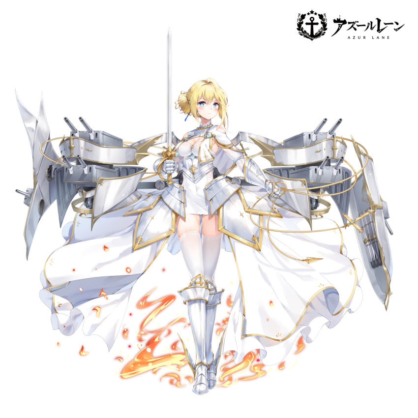 +_+ 1girl armor armored_boots azur_lane blonde_hair blue_eyes boots breasts covered_navel dress full_body gold_trim greaves highres holding holding_sword holding_weapon jeanne_d'arc_(azur_lane) knee_boots long_hair looking_at_viewer maya_g medium_breasts official_art rigging see-through solo sword thighhighs weapon white_background white_dress white_legwear