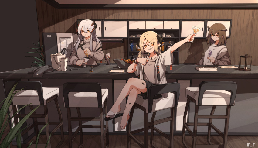 3girls absurdres arknights arm_up bar bare_legs black_horns blonde_hair bracelet brown_cardigan brown_hair cabinet cardigan champagne_flute cocktail_glass cocktail_shaker commentary crossed_legs crushing cup dragon_horns drinking_glass eyebrows_visible_through_hair eyes_visible_through_hair feather_hair glasses grey_shirt grey_sweater hair_between_eyes highres holding holding_with_tail horns huge_filesize ice_bucket if_f ifrit_(arknights) indoors jewelry long_hair long_sleeves medium_hair multiple_girls napkin open_cardigan open_clothes orange_eyes oripathy_lesion_(arknights) parted_lips plant potted_plant prehensile_tail rhine_lab_logo sandals saria_(arknights) shadow shirt short_sleeves short_twintails silence_(arknights) silver_hair single_sandal smile sweater tail towel turtleneck turtleneck_sweater twintails white_shirt