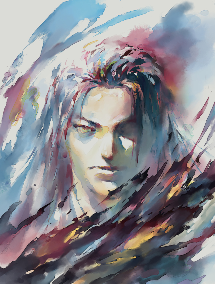 1boy absurdres black_hair brush_stroke closed_mouth face getou_suguru hejia_abby highres jujutsu_kaisen long_hair male_focus painterly shaded_face solo traditional_media upper_body watercolor_(medium) yellow_eyes