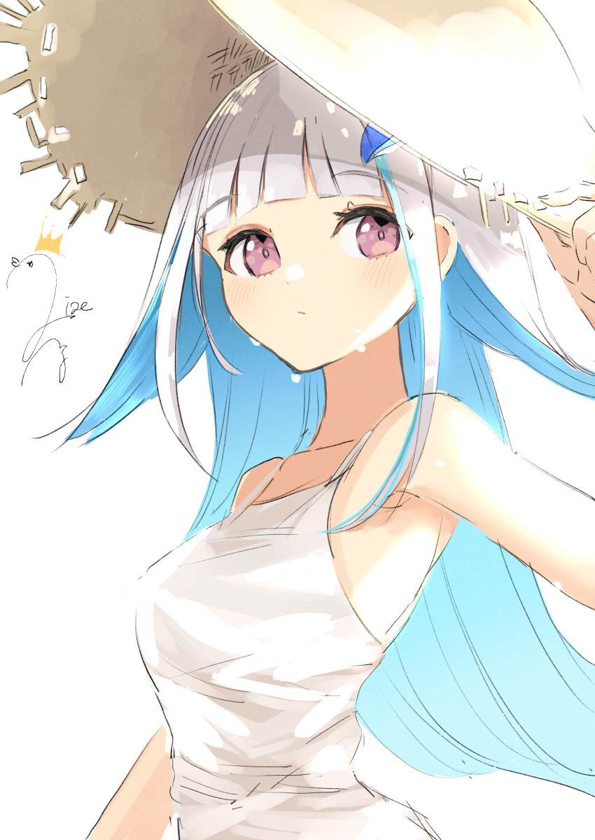 1girl absurdres arm_up bangs bare_shoulders blue_hair blush breasts brown_eyes brown_headwear closed_mouth dress eyebrows_visible_through_hair grey_hair hair_ornament hand_on_headwear hat highres lize_helesta looking_at_viewer medium_breasts multicolored_hair nijisanji ogura_tubuan signature simple_background sleeveless sleeveless_dress solo straw_hat sweat two-tone_hair upper_body virtual_youtuber white_background white_dress