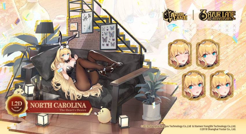 1girl animal_ears azur_lane bare_shoulders black_footwear black_legwear black_leotard blonde_hair blue_eyes blush bottle breasts cameltoe character_name cleavage commentary couch english_commentary expressions fake_animal_ears full_body high_heels highres kishiyo large_breasts legs_up leotard long_hair looking_at_viewer lying manjuu_(azur_lane) north_carolina_(azur_lane) north_carolina_(the_heart's_desire)_(azur_lane) official_alternate_costume official_art on_back on_couch pantyhose plant playboy_bunny potted_plant rabbit_ears stairs thigh_strap wine_bottle wrist_cuffs