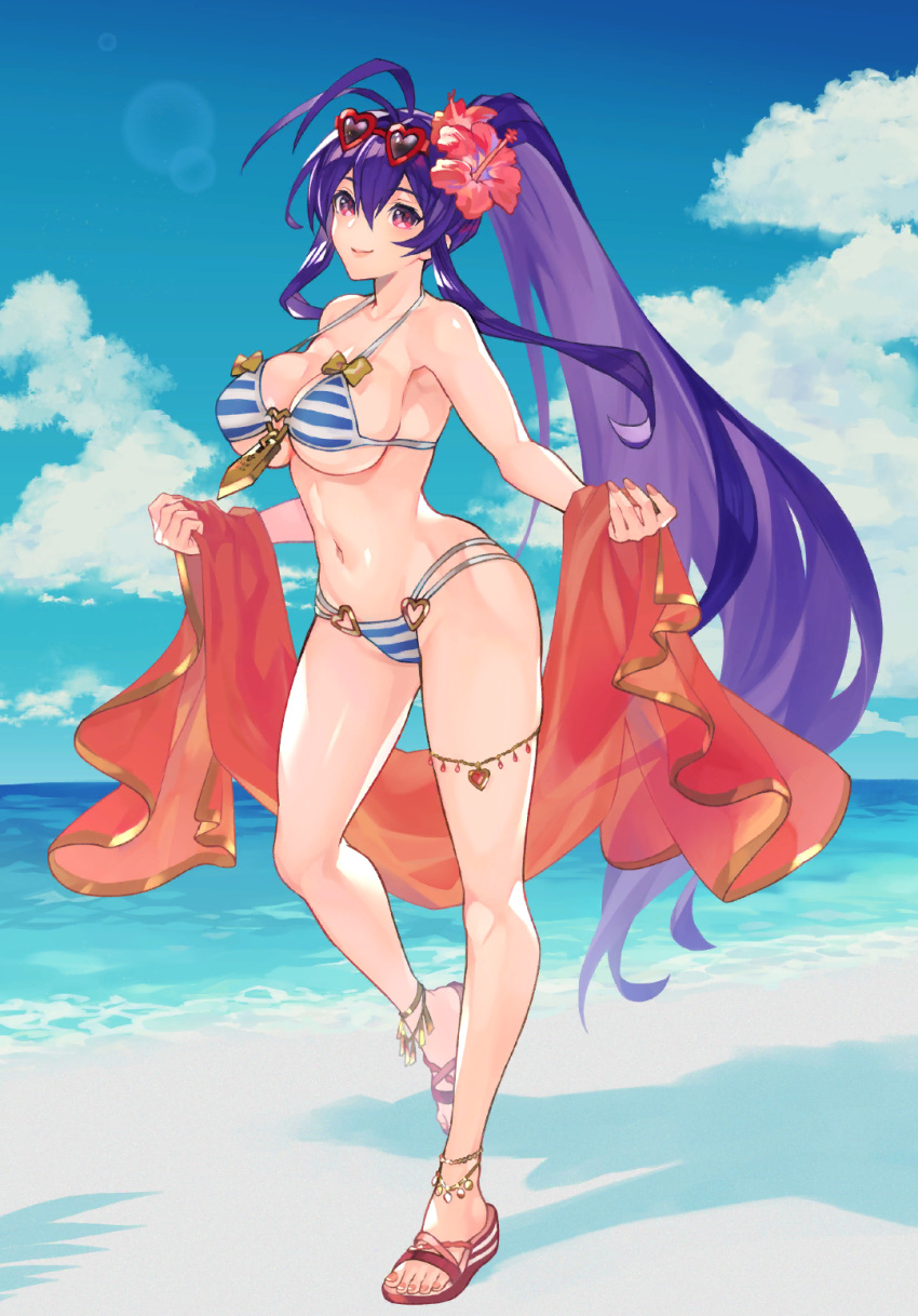 1girl anklet antenna_hair beach bikini blazblue blazblue_alternative:_dark_war blue_bikini blue_hair breasts cleavage cloud flower full_body hair_flower hair_ornament heart heart-shaped_eyewear heart_ring highres jewelry large_breasts long_hair mai_natsume nail_polish navel ocean official_art ponytail purple_eyes red_footwear red_sarong ribbon sandals sarong sky solo stomach striped striped_bikini sumeshi_(ambivalince) sunglasses swimsuit very_long_hair white_bikini yellow_ribbon