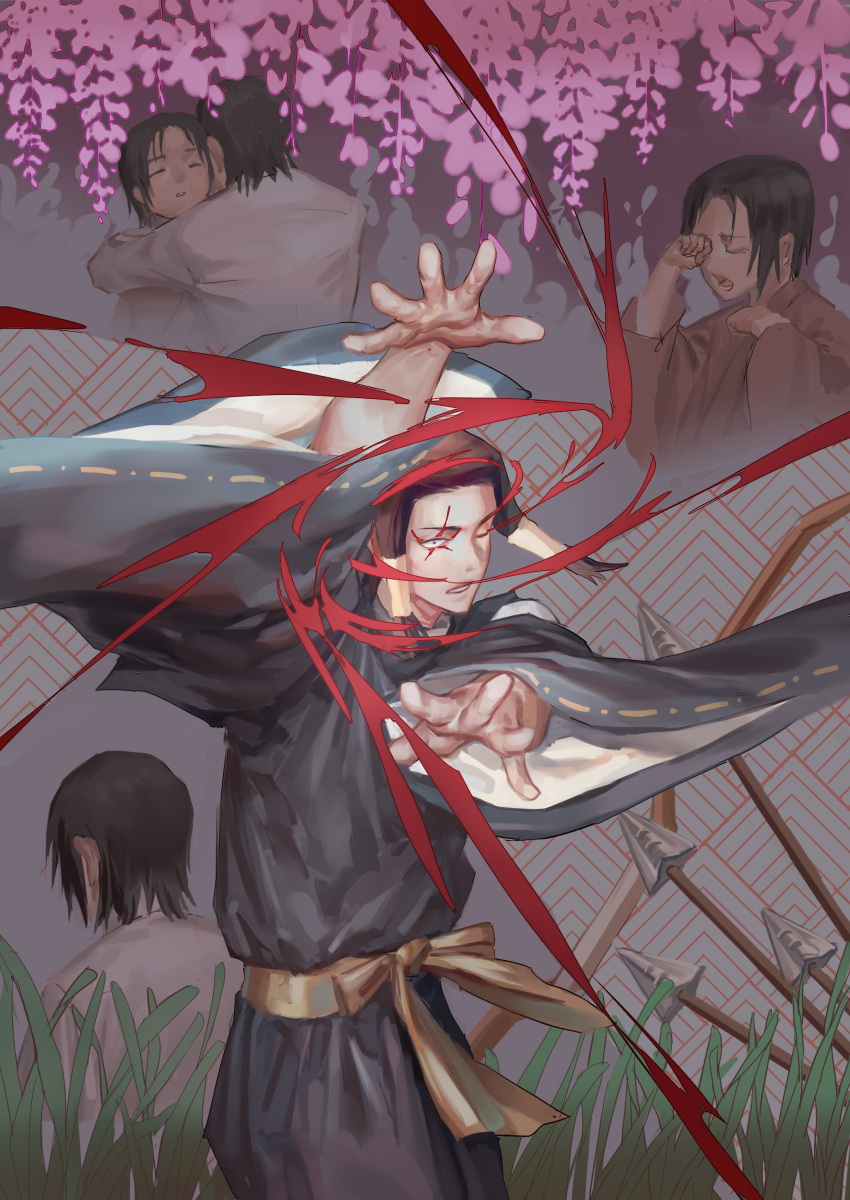 2boys absurdres arrow_(projectile) attack back black_eyes black_hair blood brown_hair closed_eyes crying flower grass hejia_abby highres hug jujutsu_kaisen kamo_noritoshi knot long_sleeves male_focus multiple_boys open_hands parted_lips patterned patterned_background pink_flower plant solo_focus vines wide_sleeves wisteria