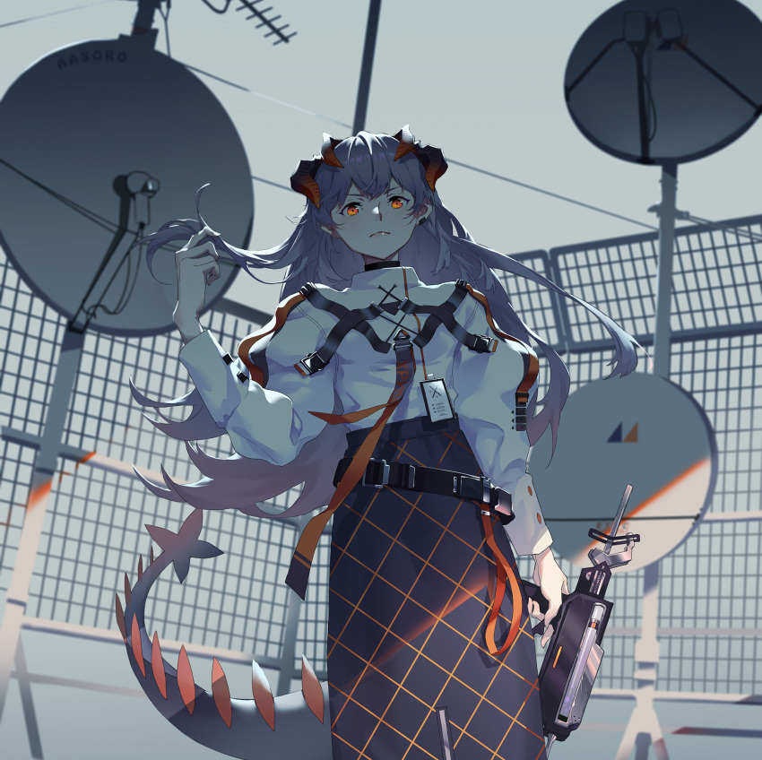 1girl arknights bangs belt bird black_skirt chest_strap chinese_commentary closed_mouth commentary_request dragon_girl dragon_horns dragon_tail duck feet_out_of_frame fence grey_background hand_in_hair hand_up high-waist_skirt highres holding holding_weapon horns id_card keng_keng_zi long_hair long_skirt long_sleeves looking_at_viewer orange_eyes outdoors saria_(arknights) satellite_dish serious shirt silver_hair skirt solo syringe_gun tail weapon white_shirt