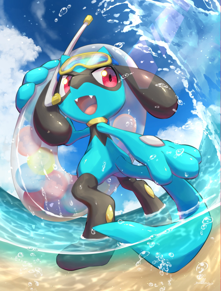 absurdres air_bubble bubble cloud commentary_request day fangs from_below gen_4_pokemon goggles highres holding holding_innertube innertube nullma open_mouth outdoors pokemon pokemon_(creature) riolu sky snorkel solo standing tongue wading water water_drop