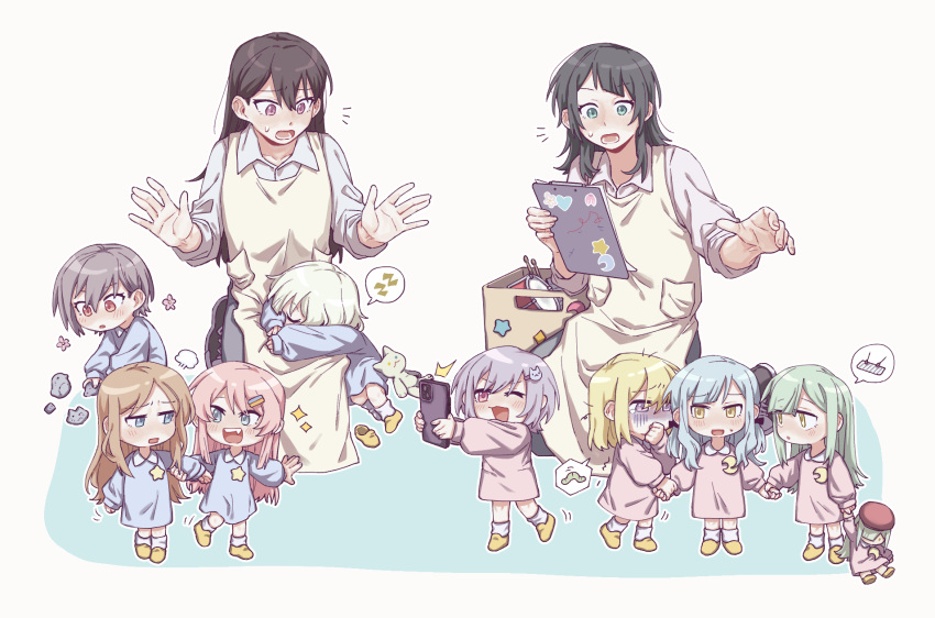 6+girls aged_down apron ave_mujica_(bang_dream!) bang_dream! bang_dream!_it's_mygo!!!!! blonde_hair blue_hair blue_shirt brown_eyes brown_hair cat_hair_ornament cellphone chihaya_anon chinese_commentary commentary_request criangle_k. disgust drum fang grabbing_another's_arm green_hair grey_eyes grey_hair hair_ornament hair_ribbon highres holding holding_phone instrument kaname_raana long_hair long_sleeves medium_hair misumi_uika mortis_(bang_dream!) mortis_(costume)_(bang_dream!) multiple_girls mygo!!!!!_(bang_dream!) nagasaki_soyo open_mouth phone pink_hair pink_shirt puff_of_air purple_eyes purple_hair raana_the_cat ribbon rock shiina_taki shirt short_hair sidelocks sleeping smartphone stuffed_animal stuffed_cat stuffed_toy sweatdrop takamatsu_tomori teeth time_paradox togawa_sakiko trembling upper_teeth_only wakaba_mutsumi wakaba_mutsumi_(doll) white_apron white_hair white_shirt yahata_umiri yellow_eyes yuutenji_nyamu