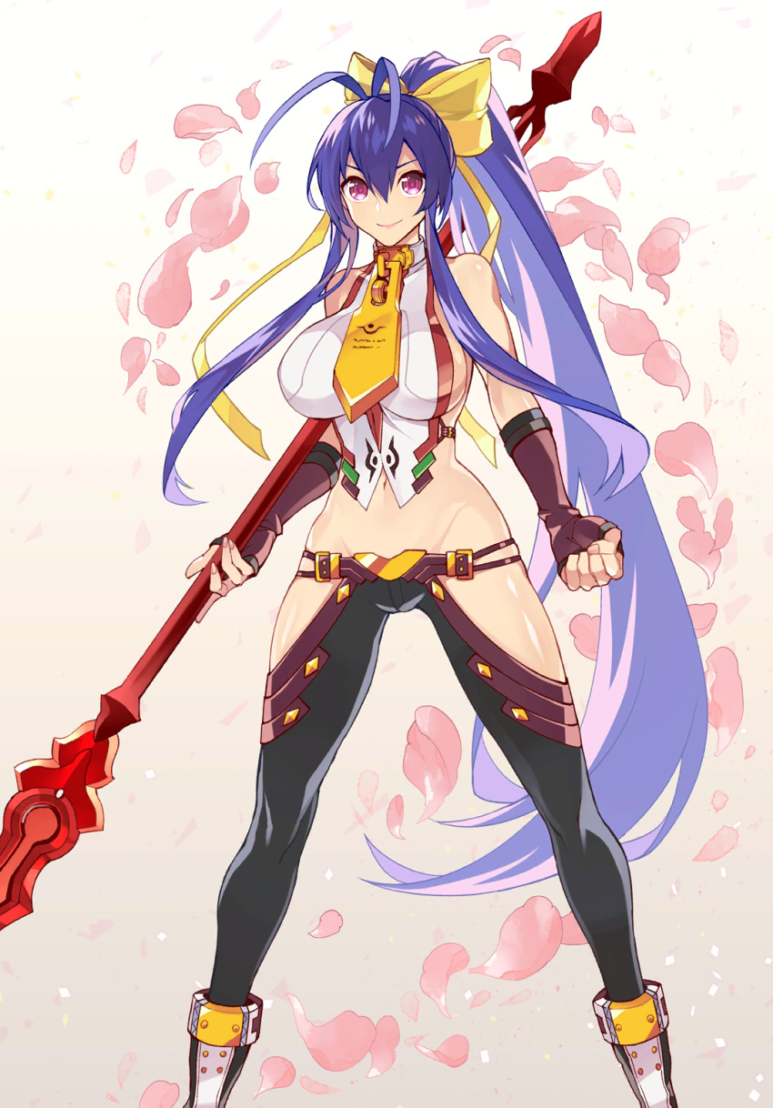 1girl antenna_hair backless_outfit black_pants blazblue blazblue_alternative:_dark_war blue_hair bow breasts clenched_hand halter_top halterneck highres holding holding_weapon large_breasts long_hair lowleg lowleg_pants mai_natsume navel official_art outseal pants polearm purple_eyes revealing_clothes smile spear sumeshi_(ambivalince) very_long_hair weapon white_background yellow_bow