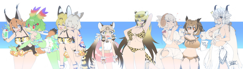 6+girls ^^^ absurdres alpha_signature animal_ears arm_behind_head arm_up armpits bikini bird_tail black_horns blonde_hair bread breasts brown_hair caracal_(kemono_friends) carrying cellval cheetah_(kemono_friends) cheetah_ears cheetah_girl cheetah_print cheetah_tail cleavage closed_eyes cocktail commentary_request cowboy_shot cup dated drooling eating eurasian_eagle_owl_(kemono_friends) extra_ears eyebrows_visible_through_hair flat_chest flipped_hair food frilled_bikini frills fur_collar geoffroy's_cat_(kemono_friends) grey_eyes grey_horns hair_over_one_eye halterneck head_wings highres horns huge_breasts japari_bun japari_symbol kemono_friends kemono_friends_3 large_breasts long_hair multicolored_horns multiple_girls navel one-piece_swimsuit one_eye_closed open_mouth orange_eyes owl_ears ox_ears ox_girl ox_horns piggyback print_sarong print_skirt red_eyes saliva sarong serval_(kemono_friends) serval_print sheep_(kemono_friends) sheep_ears sheep_tail short_hair skirt sleeping small_breasts smile string_bikini striped_tail swimsuit tail white_sarong white_serval_(kemono_friends) yak_(kemono_friends) yellow_eyes yoshida_hideyuki