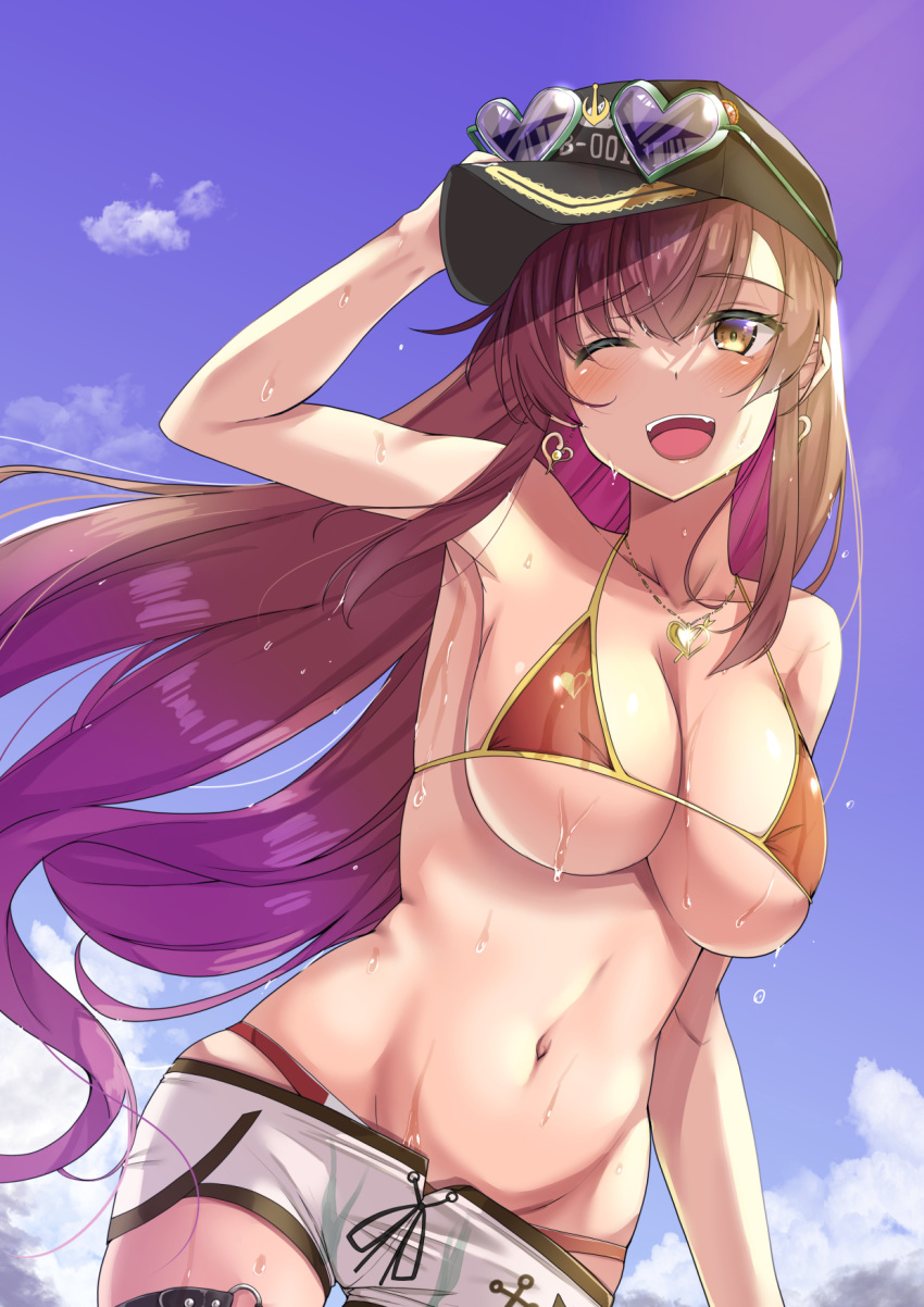 1girl ;d armpits bikini black_headwear blue_sky breasts cloud commentary_request day earrings eyewear_on_headwear hand_on_headwear heart heart-shaped_eyewear heart_earrings heart_necklace highres hololive houshou_marine jewelry large_breasts long_hair navel one_eye_closed open_mouth red_bikini red_hair ryuunagi_hyouga shorts sky smile solo stomach sunglasses sweat swimsuit teeth upper_teeth virtual_youtuber white_shorts yellow_eyes