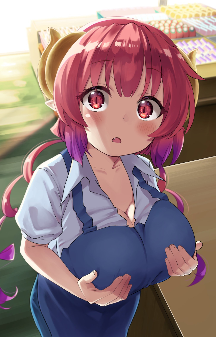 1girl anno_masato apron bangs blue_apron blush breast_hold breasts cleavage dragon_girl dragon_horns eyebrows_visible_through_hair highres horns ilulu_(maidragon) kobayashi-san_chi_no_maidragon large_breasts looking_at_viewer low_twintails red_eyes red_hair shirt slit_pupils solo twintails