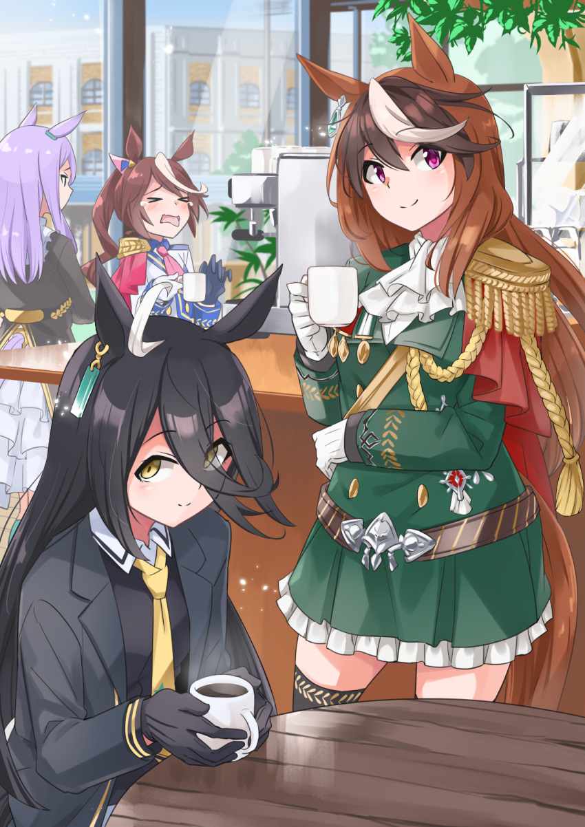 &gt;_&lt; 4girls aiguillette animal_ears ascot asymmetrical_gloves belt black_gloves black_hair black_legwear blue_jacket bow brown_hair buttons capelet coat coffee coffee_maker_(object) coffee_mug collared_shirt commentary cup double-breasted ear_piercing earrings epaulettes frilled_coat frilled_skirt frills gloves gold_trim hair_bow hair_flaps hair_over_one_eye high_ponytail highres holding holding_cup horse_ears horse_girl horse_tail jacket jewelry long_bangs long_hair long_sleeves looking_at_viewer manhattan_cafe_(umamusume) medal mejiro_mcqueen_(umamusume) mismatched_gloves mug multicolored_hair multiple_girls necktie piercing pink_bow pink_headwear pink_neckwear purple_hair red_capelet sash shirt sideways_glance single_earring single_epaulette skirt streaked_hair symboli_rudolf_(umamusume) tail tail_through_clothes thighhighs tokai_teio_(umamusume) tongue tongue_out two-tone_hair two-tone_jacket umamusume white_gloves white_hair white_jacket yellow_eyes yellow_neckwear yuuichi_(reductionblack) zettai_ryouiki
