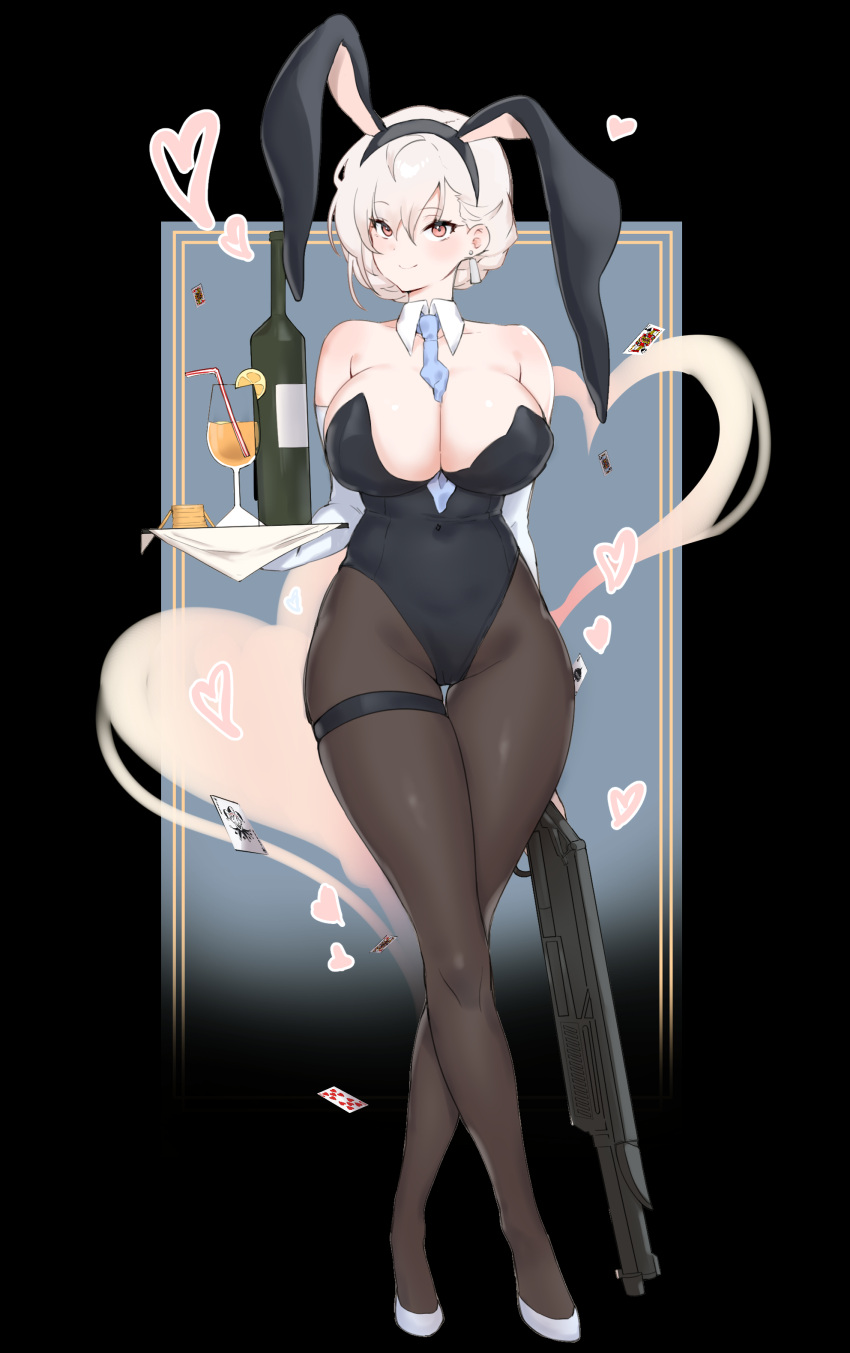 1girl absurdres alcohol animal_ears bangs bare_shoulders black_leotard blue_neckwear blush breasts card champagne champagne_bottle champagne_flute cleavage closed_mouth collar collarbone covered_navel crossed_legs cup detached_collar drinking_glass earrings elbow_gloves eyebrows_visible_through_hair fake_animal_ears full_body girls'_frontline gloves groin gun hair_between_eyes handgun heart highres holding holding_gun holding_tray holding_weapon jewelry large_breasts legs leotard looking_at_viewer necktie oh_(aung_ae) pantyhose playboy_bunny rabbit_ears red_eyes rmb-93 rmb-93_(girls'_frontline) short_hair shotgun skindentation smile solo standing strapless strapless_leotard thigh_gap thigh_strap tray weapon white_collar white_footwear white_gloves white_hair