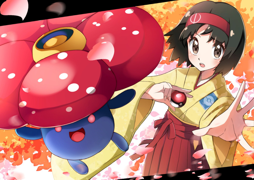 1girl bangs black_hair brown_eyes erika_(pokemon) gen_1_pokemon hairband highres holding holding_poke_ball japanese_clothes kimono leaf leaf_background looking_at_viewer miyama-san open_hand open_mouth outstretched_arm petals poke_ball poke_ball_(basic) poke_ball_print pokemon pokemon_(creature) pokemon_(game) pokemon_frlg short_hair upper_body upper_teeth vileplume wide_sleeves