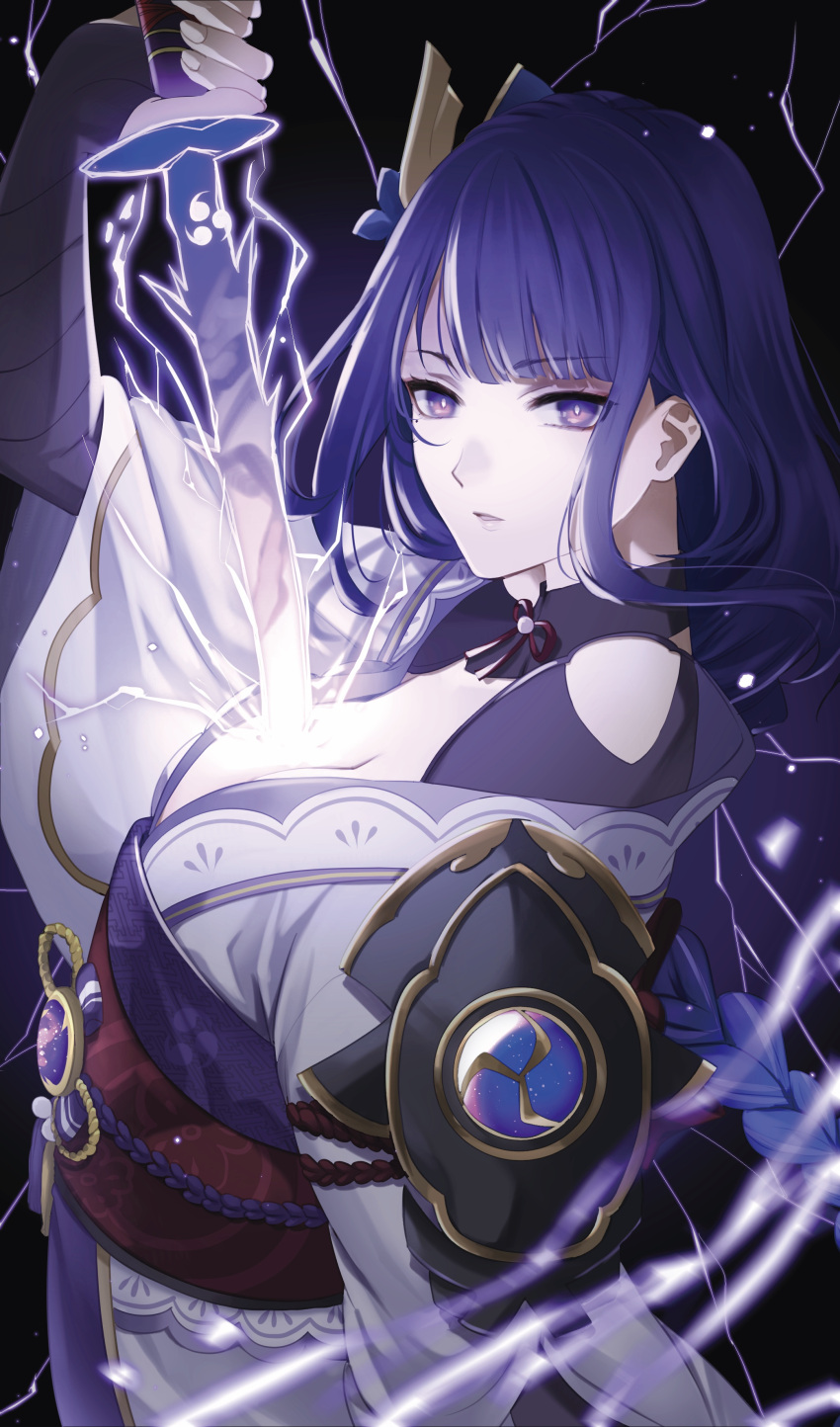 1girl absurdres bangs blunt_bangs bow bowtie braid breasts cleavage commentary_request detached_collar eyebrows_visible_through_hair genshin_impact highres holding holding_sword holding_weapon japanese_clothes kinaco_4738 lightning long_hair looking_at_viewer low_ponytail mole mole_under_eye obi obiage obijime purple_eyes purple_hair raiden_(genshin_impact) sash sidelocks simple_background single_braid solo sword weapon