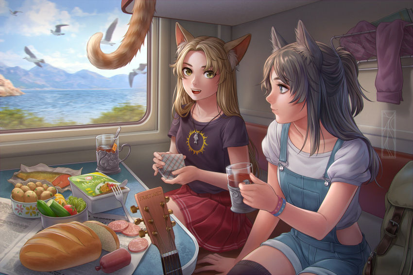 2girls animal_ears bird black_legwear blonde_hair bread bread_slice card cat_ears cat_tail commentary denim_dress english_commentary food grey_hair ground_vehicle guitar highres holding holding_card instrument jewelry kotikomori looking_at_viewer looking_to_the_side motion_blur multiple_girls necklace ocean open_mouth original red_skirt shuffling_cards sitting skirt smile summer tagme tail tea train yellow_eyes