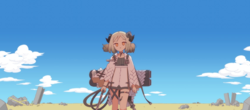 1girl :o arknights blonde_hair blue_sky cloud commentary demon_girl demon_horns demon_tail feet_out_of_frame flamethrower holding horns ifrit_(arknights) looking_at_viewer orange_eyes oripathy_lesion_(arknights) pendant_choker ramune_(ramu33) rock ruins shirt short_hair short_twintails sky solo standing tail twintails weapon white_shirt