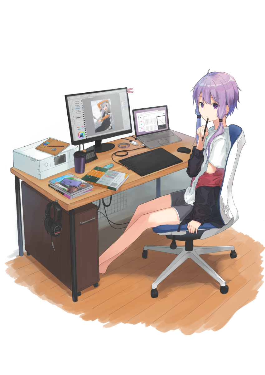 1girl adapter black_dress black_jacket blue_eyes book braid cable chair clock coffee_cup commentary computer cup desk digital_clock disposable_cup drawing_tablet dress elbow_gloves english_commentary eraser expressionless faux_figurine flat_chest gloves grey_hair hair_tie headphones highres holding holding_stylus hook indoors jacket kizuna_akari laptop long_hair looking_at_viewer looking_to_the_side minatsuki_(m1natsuk1) monitor mouse_(computer) open_clothes open_jacket open_mouth orange_gloves painttool_sai pen_to_mouth pencil phone purple_eyes purple_hair scanner shirt short_hair_with_long_locks short_sleeves shorts sidelocks sitting sketchbook stylus twin_braids very_long_hair vocaloid voiceroid white_background white_shirt wireless_mouse wooden_floor yuzuki_yukari
