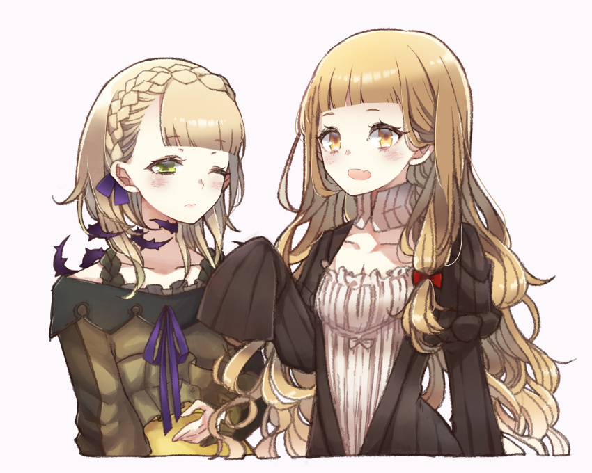 2girls :o absurdres bangs blonde_hair braid briar_rose_(sinoalice) brown_dress closed_mouth dress fang green_eyes hair_between_eyes hair_ribbon highres long_hair long_sleeves looking_at_viewer multiple_girls nightgown one_eye_closed open_mouth pajamas pink_background red_riding_hood_(sinoalice) ribbon rico_tta short_hair simple_background sinoalice thorns wavy_hair yellow_eyes