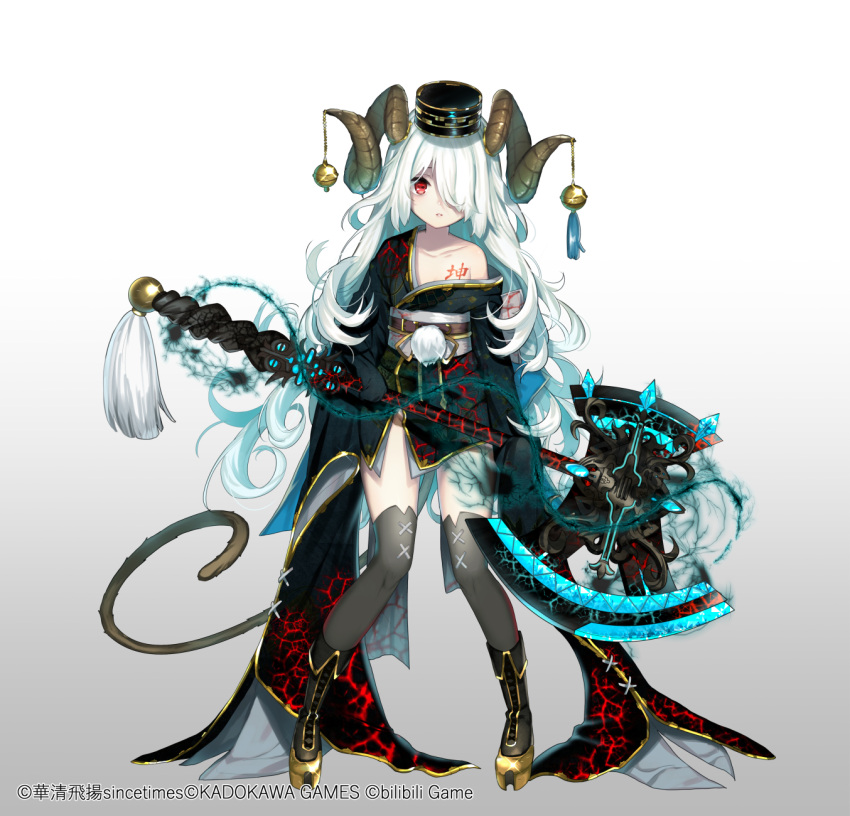 1girl aura axe bangs black_footwear black_headwear black_kimono boots commentary_request copyright_request curled_horns dark_aura eyebrows_behind_hair full_body glint glowing glowing_weapon gradient gradient_background grey_background grey_legwear hair_over_one_eye hat highres holding holding_axe holding_weapon horns itamidome japanese_clothes kimono long_hair long_sleeves looking_at_viewer mini_hat obi off_shoulder official_art parted_lips platform_footwear red_eyes sash sleeves_past_fingers sleeves_past_wrists solo standing thighhighs thighhighs_under_boots very_long_hair watermark weapon white_background white_hair