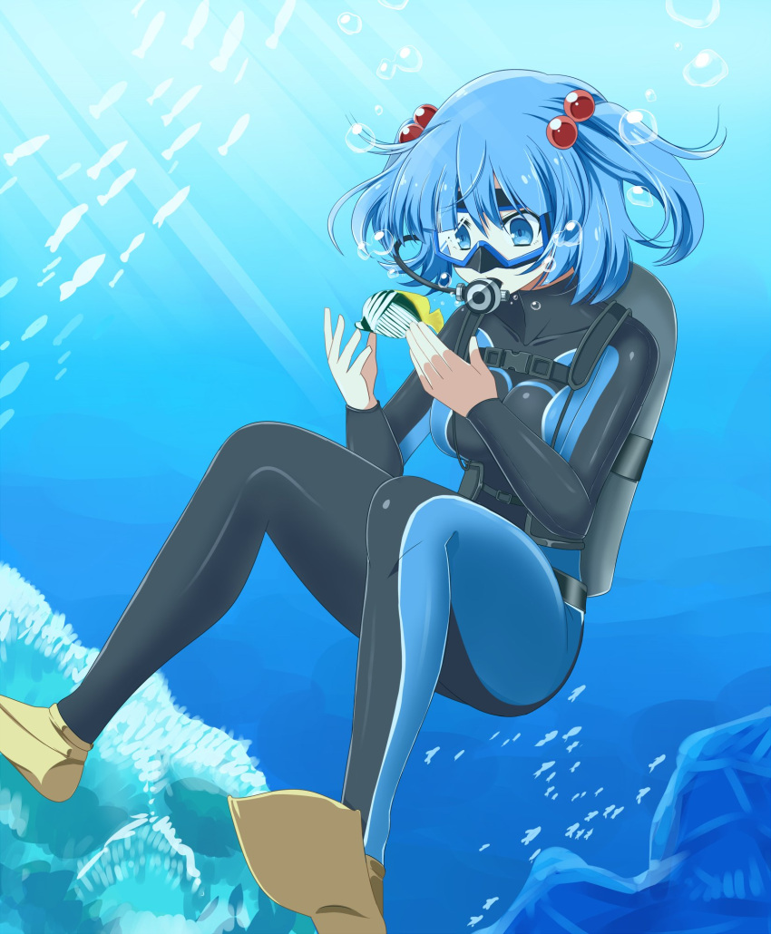 1girl air_bubble blue_eyes blue_hair breasts bubble commission coral_reef diving_mask diving_regulator fish flippers goggles hair_bobbles hair_ornament highres kawashiro_nitori light_rays rise_(rise19851203) school_of_fish scuba scuba_gear scuba_tank skeb_commission solo sunbeam sunlight touhou tropical_fish two_side_up underwater underwear wetsuit