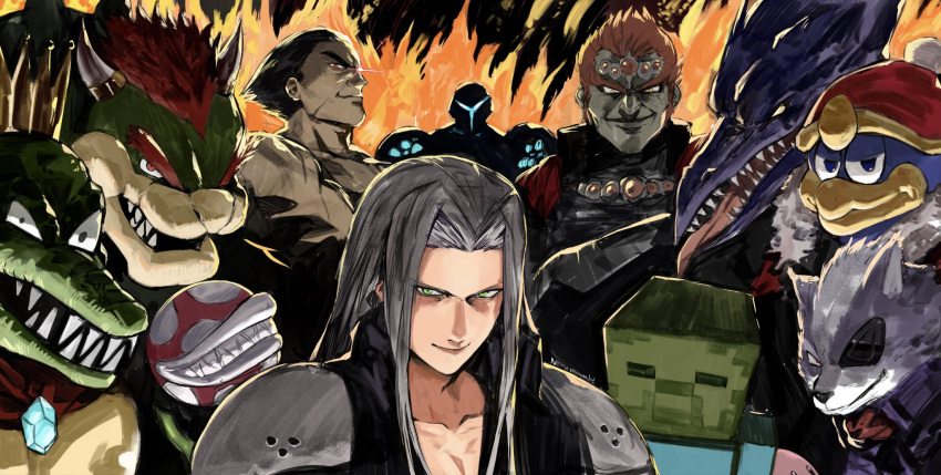 1girl 6+boys armor black_hair blue_eyes bowser bracelet brown_hair closed_mouth commentary crown dark_samus donkey_kong_(series) donkey_kong_country english_commentary eyepatch facial_hair final_fantasy final_fantasy_vii final_fantasy_vii_advent_children fire ganondorf gerudo glowing glowing_eye green_eyes highres horns jewelry king_dedede king_k._rool kirby_(series) long_hair looking_at_viewer male_focus mario_(series) metroid metroid_2:_return_of_samus metroid_prime minecraft mishima_kazuya multiple_boys muscular open_mouth piranha_plant red_eyes red_hair ridley scar sephiroth sharp_teeth shirtless short_hair silver_hair simple_background smile spiked_bracelet spikes star_fox super_smash_bros. teeth tekken the_legend_of_zelda the_legend_of_zelda:_ocarina_of_time thick_eyebrows tongue tongue_out very_long_hair weapon wolf_o'donnell yourfreakyneighbourh zombie_(minecraft)