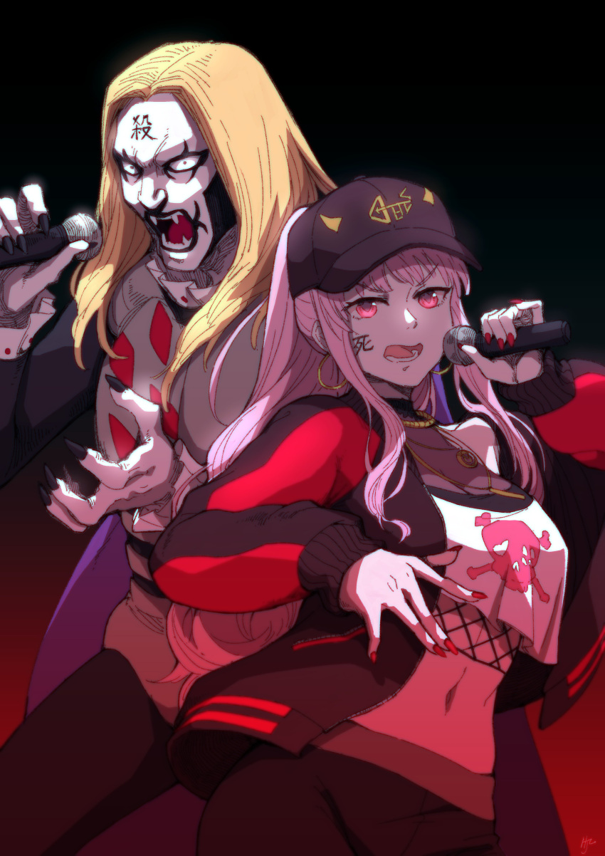 1boy 1girl absurdres black_eyes black_jacket black_nails blonde_hair breasts cape cleavage crossover detroit_metal_city earrings facepaint fangs fingernails fishnets frills gradient gradient_background hair_through_headwear hand_gesture hat heart highres hjz_(artemi) holding holding_microphone hololive hololive_english hoop_earrings jacket jewelry johannes_krauser_ii long_fingernails long_hair lower_teeth microphone midriff mori_calliope multicolored multicolored_clothes multicolored_jacket music navel necklace open_clothes open_jacket open_mouth pink_eyes pink_hair ponytail purple_cape red_jacket red_nails see-through sharp_fingernails signature singing skull_print sleeves_past_wrists tongue