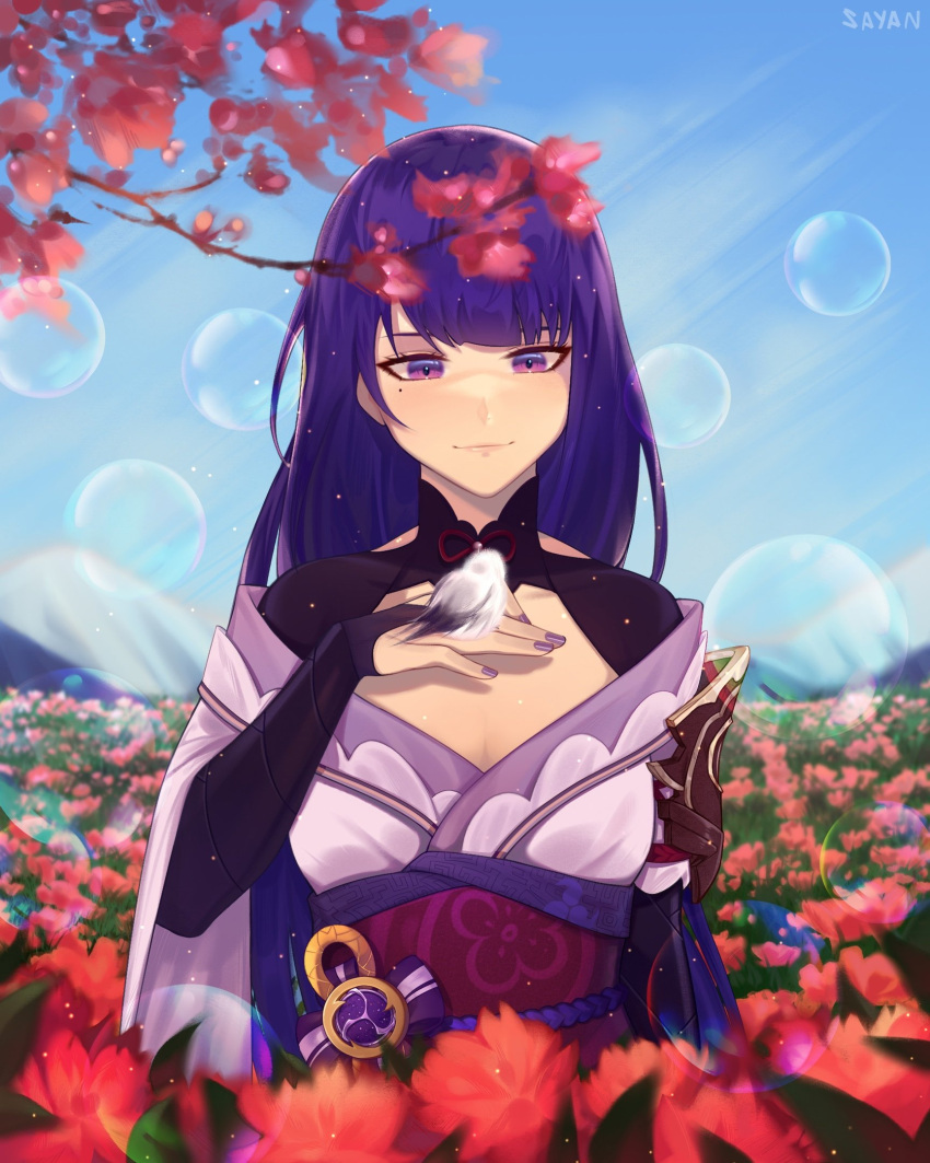 1girl armor artist_name bangs bird bird_on_hand breasts bridal_gauntlets cleavage closed_mouth commentary_request day field flower flower_field genshin_impact highres japanese_clothes light_particles long_hair medium_breasts mole mole_under_eye obi obiage obijime outdoors purple_eyes purple_hair purple_nails raiden_(genshin_impact) red_flower russian_commentary sash sayan_lua shoulder_armor smile solo wide_sleeves