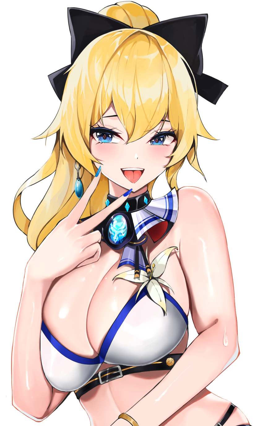 1girl :d anklet bangs bare_arms bare_shoulders bikini black_background black_bow blonde_hair blue_eyes blue_nails bow breasts buckle cleavage earrings feet fingernails flower genshin_impact hair_bow heart heart-shaped_pupils heart_ring highres jean_(genshin_impact) jewelry large_breasts long_fingernails long_hair miniskirt mutsu_ane_daisuki nail_polish open_mouth ponytail seiza shiny shiny_skin single_thighhigh sitting skirt smile solo sweat swimsuit symbol-shaped_pupils thick_thighs thigh_strap thighhighs thighs tongue tongue_out upper_body upper_teeth v vision_(genshin_impact) white_bikini white_flower