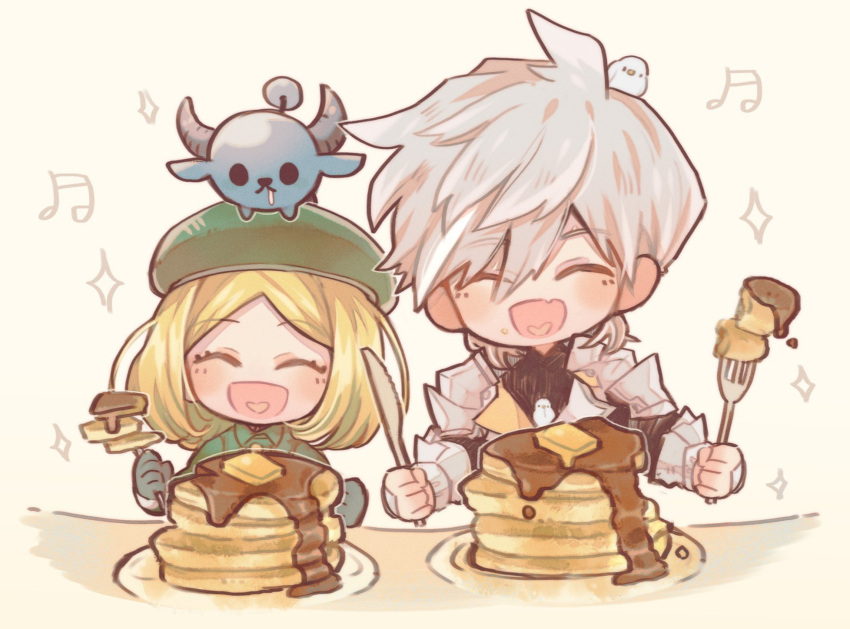 1boy 1girl animal_on_head babe_(fate) beret bird blonde_hair dove drooling fate/grand_order fate_(series) food fork gaito-san hat highres horns knife musical_note on_head pancake paul_bunyan_(fate) percival_(fate) sparkle stack_of_pancakes syrup white_hair
