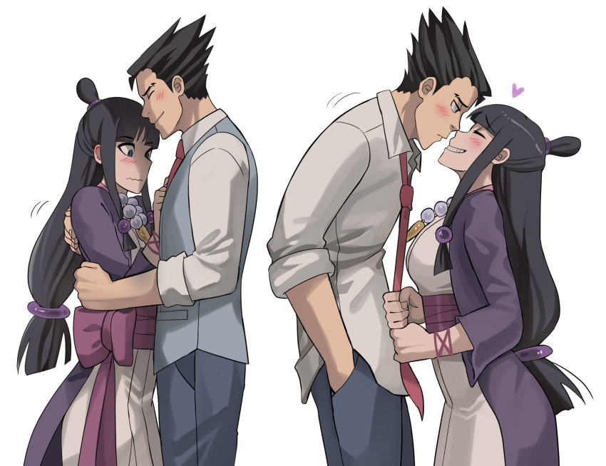 1boy 1girl ayasato_mayoi bangs before_and_after black_hair blue_pants blue_vest blunt_bangs blush breasts closed_eyes closed_mouth collared_shirt from_side grin gyakuten_saiban hair_ornament half_updo hand_in_pocket hanten_(clothes) heart hetero highres hug jacket japanese_clothes jewelry jourd4n kimono long_hair long_sleeves looking_at_another magatama motion_lines naruhodou_ryuuichi necklace necktie necktie_grab neckwear_grab obi pants pink_sash purple_jacket red_neckwear sash shirt short_hair short_kimono simple_background sleeves_rolled_up smile spiked_hair standing untucked_shirt vest wavy_mouth white_background white_kimono white_shirt